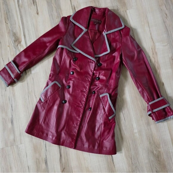 Jackets & Blazers - Margaret Godfrey Red Burgundy Maroon Coat Trench Spy Leather Houndstooth Sz 4
